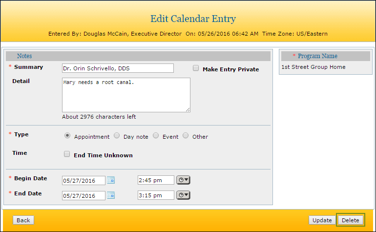 calendar entry calendar entry