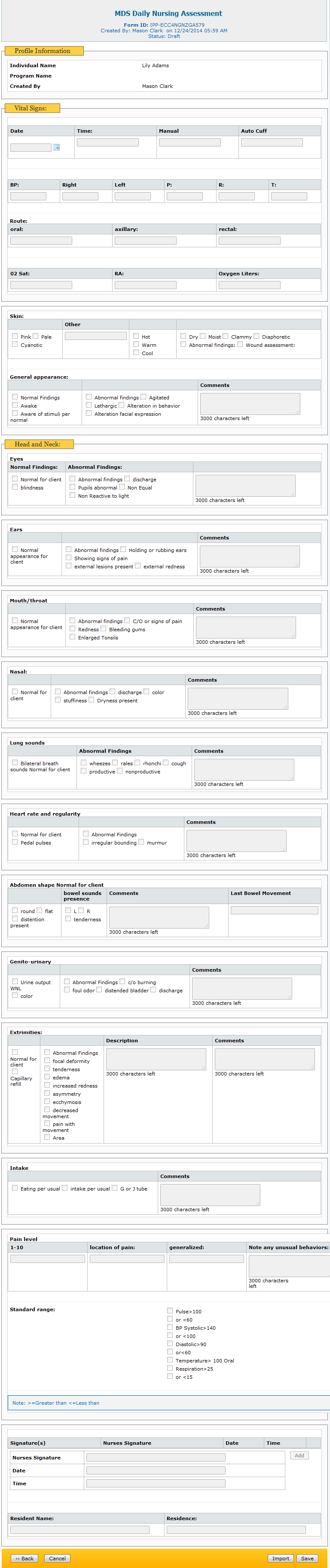 custom form mds daily nursing assessment nursing assessment form