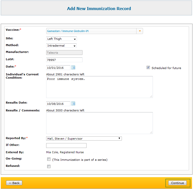 enter new immunization record immunization record form