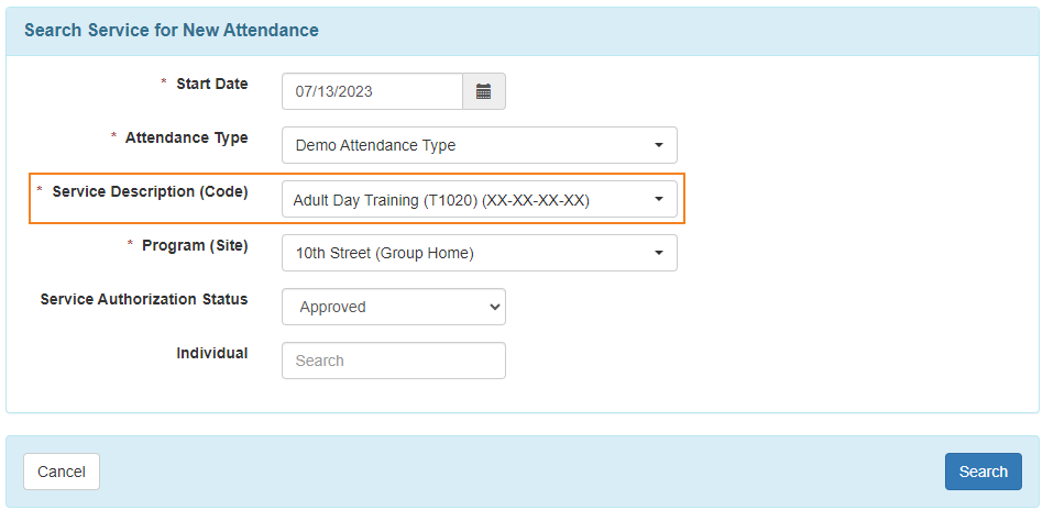 Screenshot of the Service Description (Code) field of the Search Service for New Attendance page