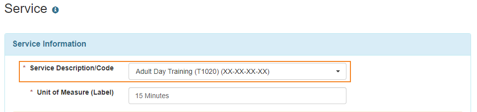 Screenshot of the Service Description/Code field of the Service page