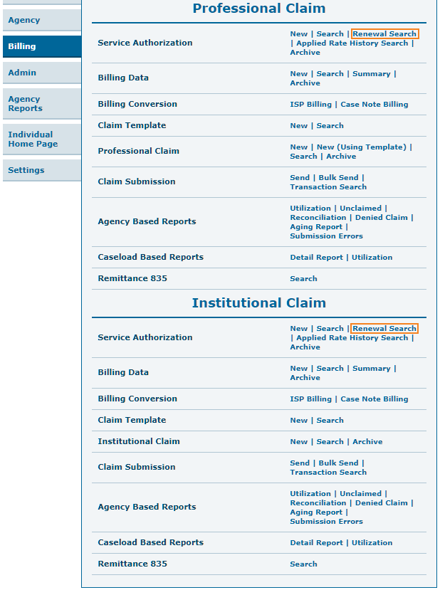 Service Authorization Renewal Search