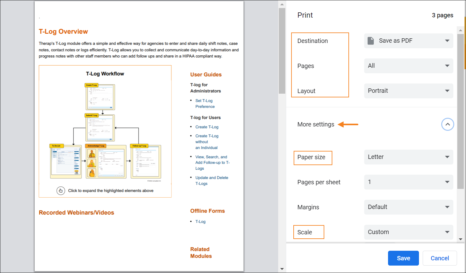 FAQ - How do I change the scale, and paper size of web as PDFs?