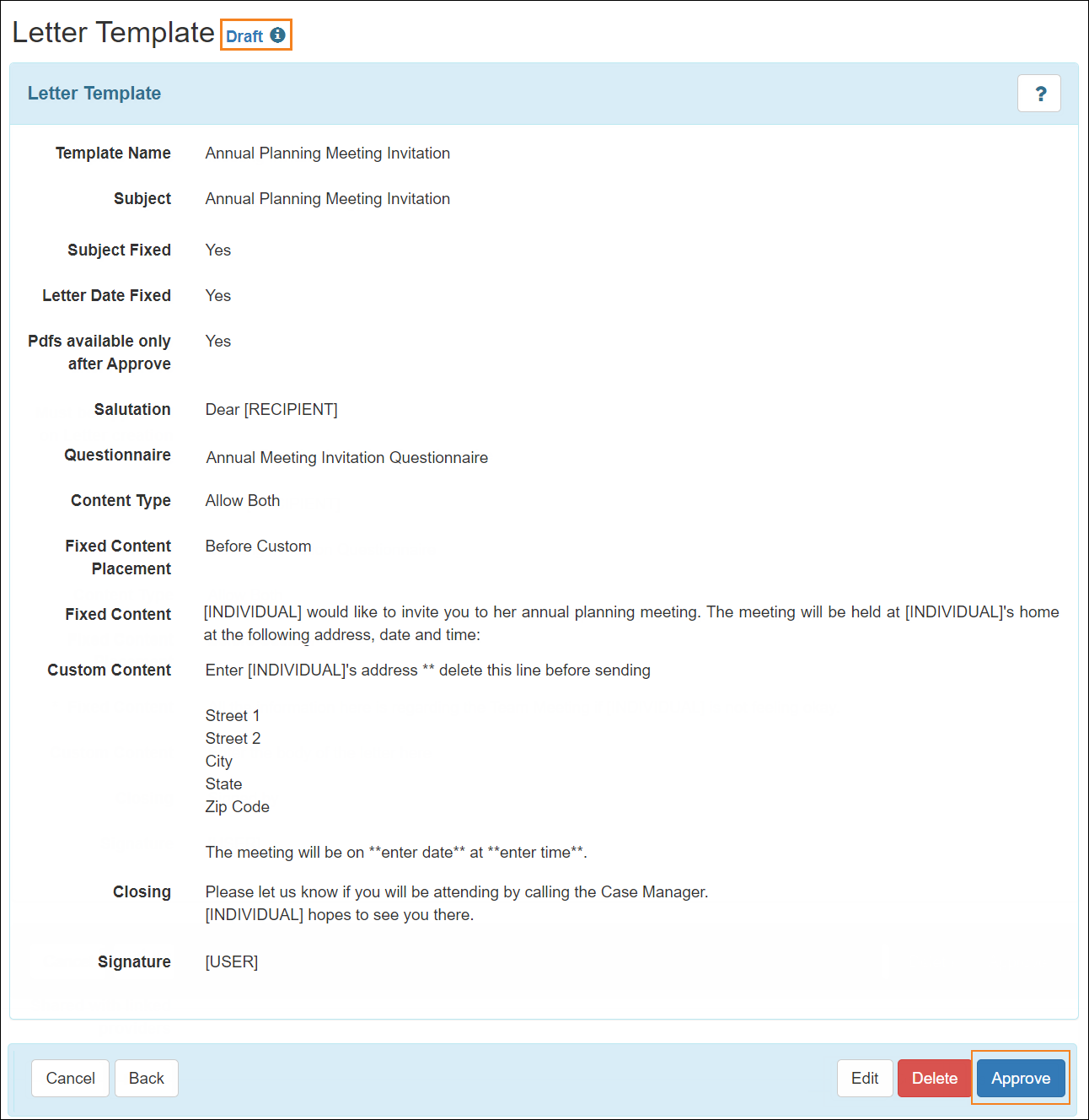 Screenshot showing the Letter Template in Draft Status