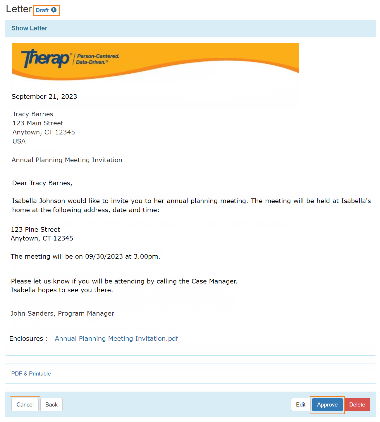 Screenshot showing Letter in Draft status