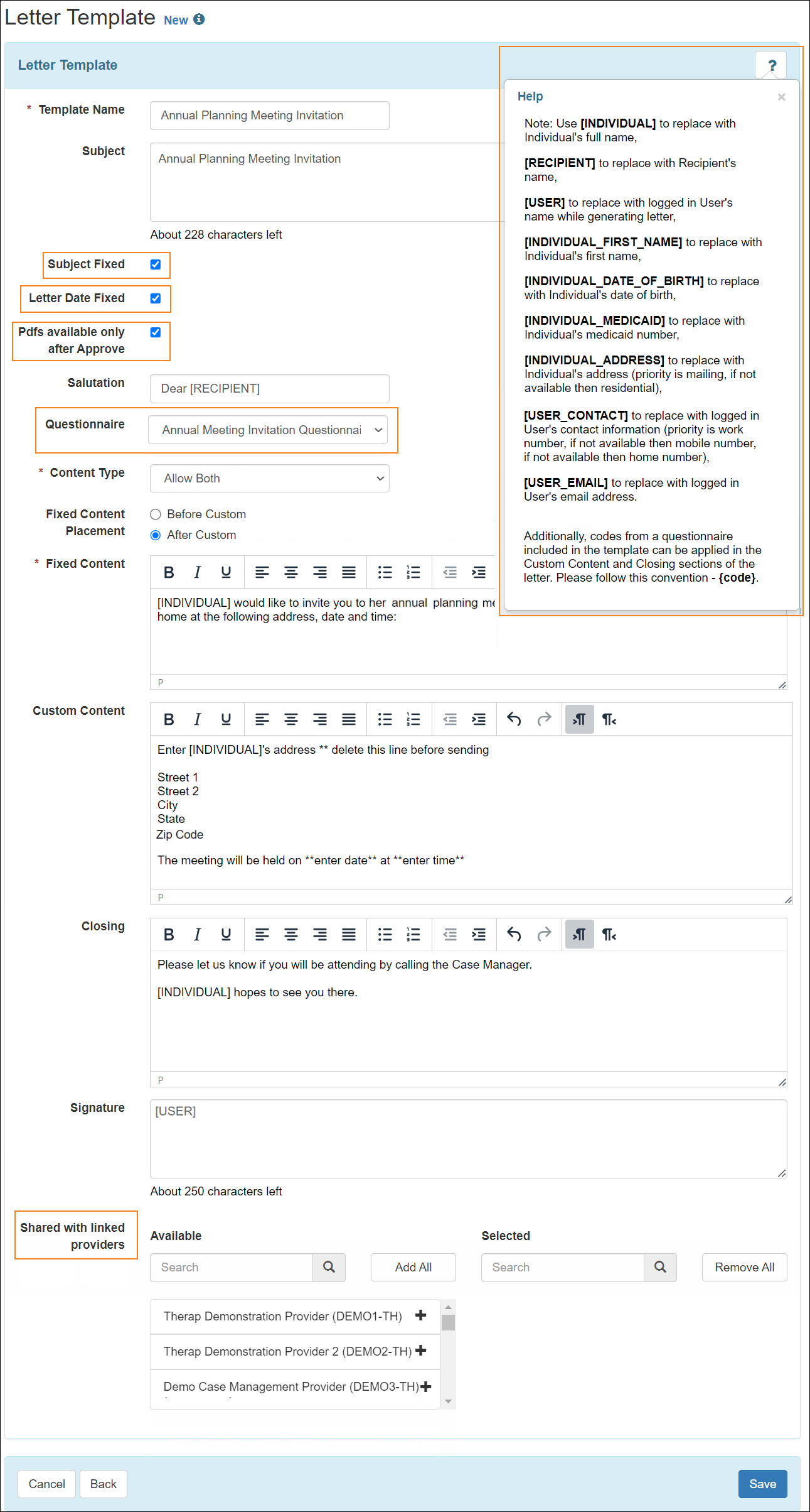 Screenshot showing the Letter Template page