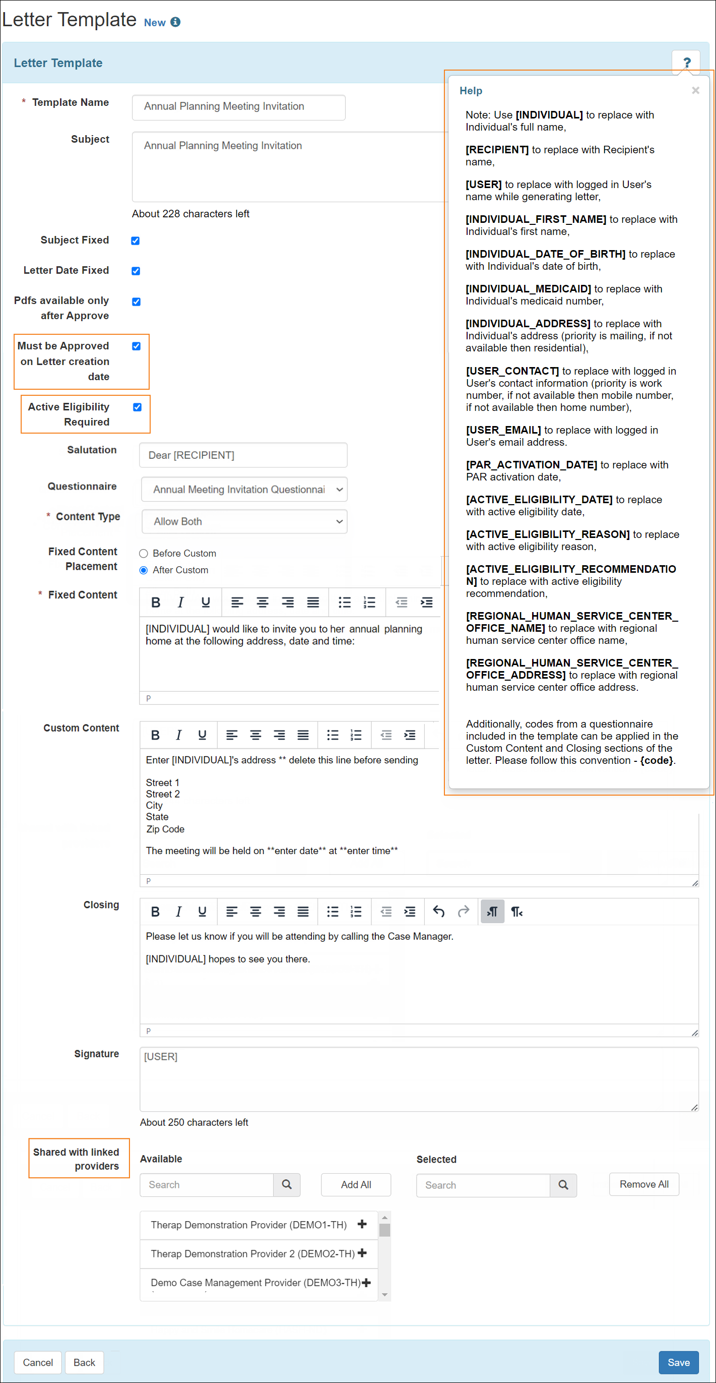 Screenshot showing the Letter Template page for ND