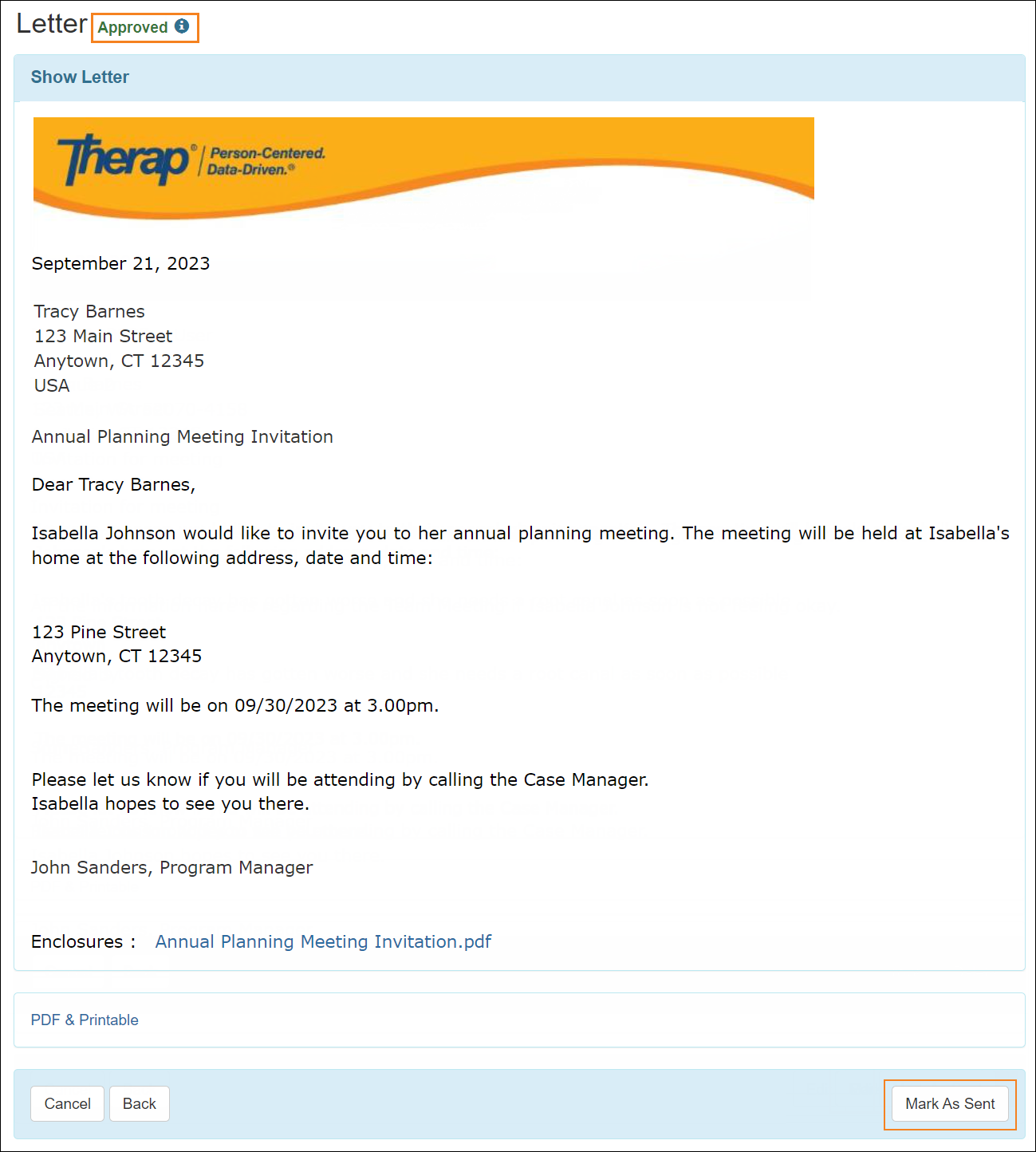 Screenshot showing Letter in Approved status