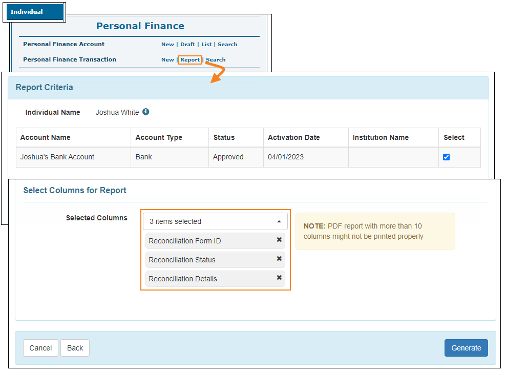 Screenshot of the Personal Finance Reconciliation form IDs in the Transaction form.
