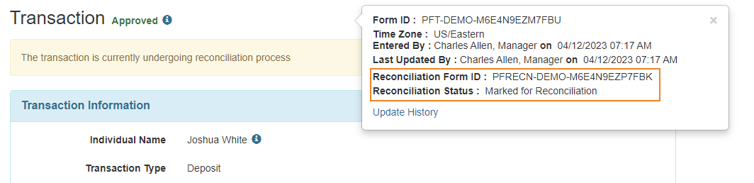 Screenshot of the Personal Finance Reconciliation form IDs in the Transaction form.