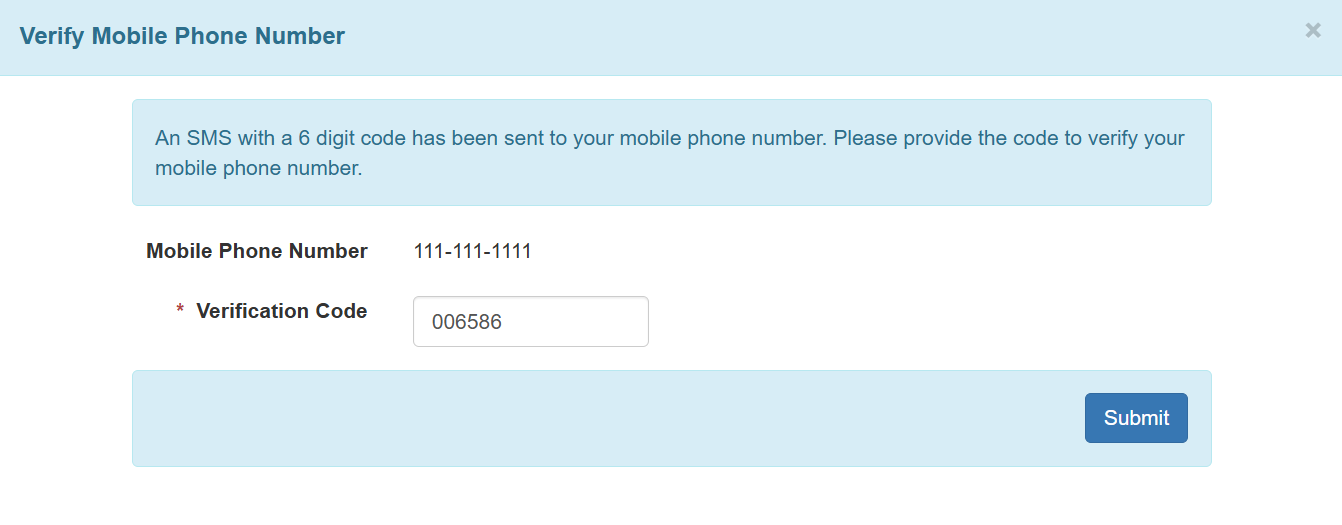 An image of the verify Mobile Phone Number page.