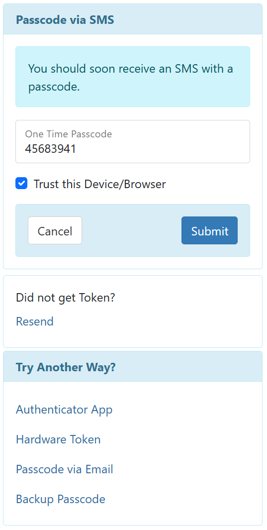 An image showing the Passcode Via SMS page with the OTP entered.