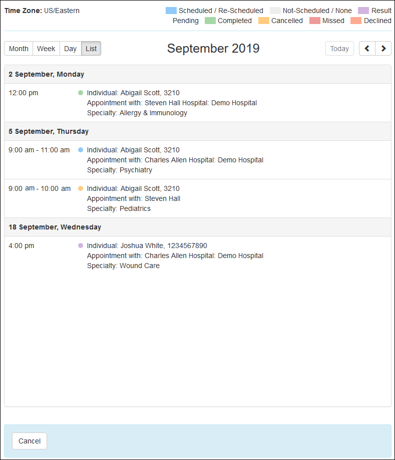 Appointments Calendar View