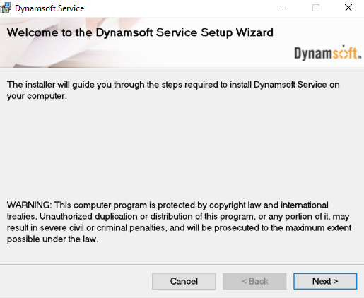 Screenshot showing Dynamsoft Service software Installation option