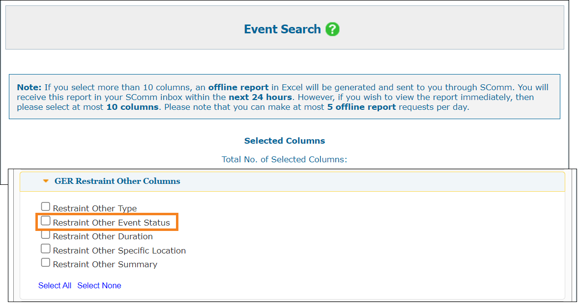 Screenshot showing the Event Search page of the GER Event Summaries.