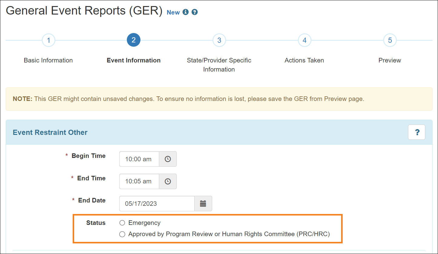 Screenshot showing the Status field of the Restrain Other type GERs.