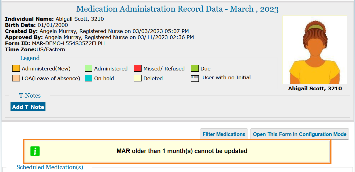 Screenshot showing the Error Message that would show if MAR is accessed for months older than the previous month.