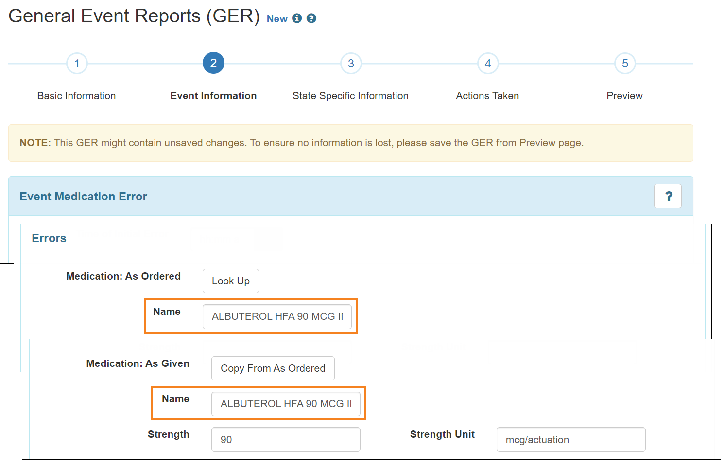 Screenshot showing the Medication Name fields in GER Med Error events