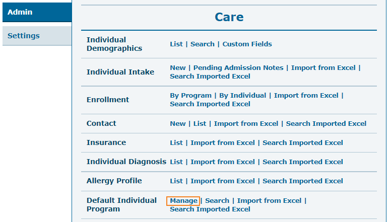 Screenshot of the Default Individual Program options on the Admin tab.