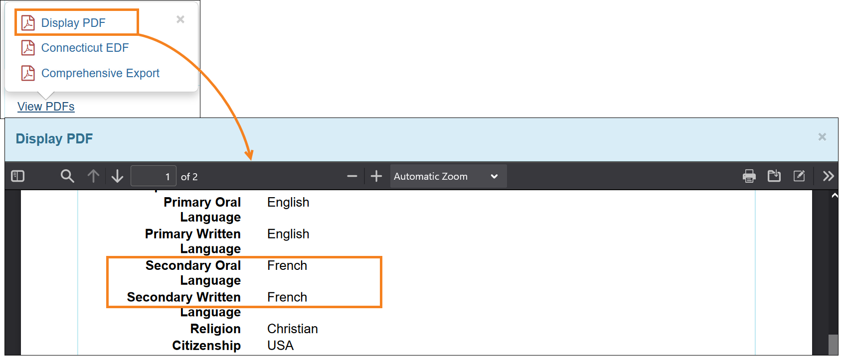 Screenshot of the Secondary Oral Language and Secondary Written Language fields on the Display Pdf windoe accessed using the Display PDF link