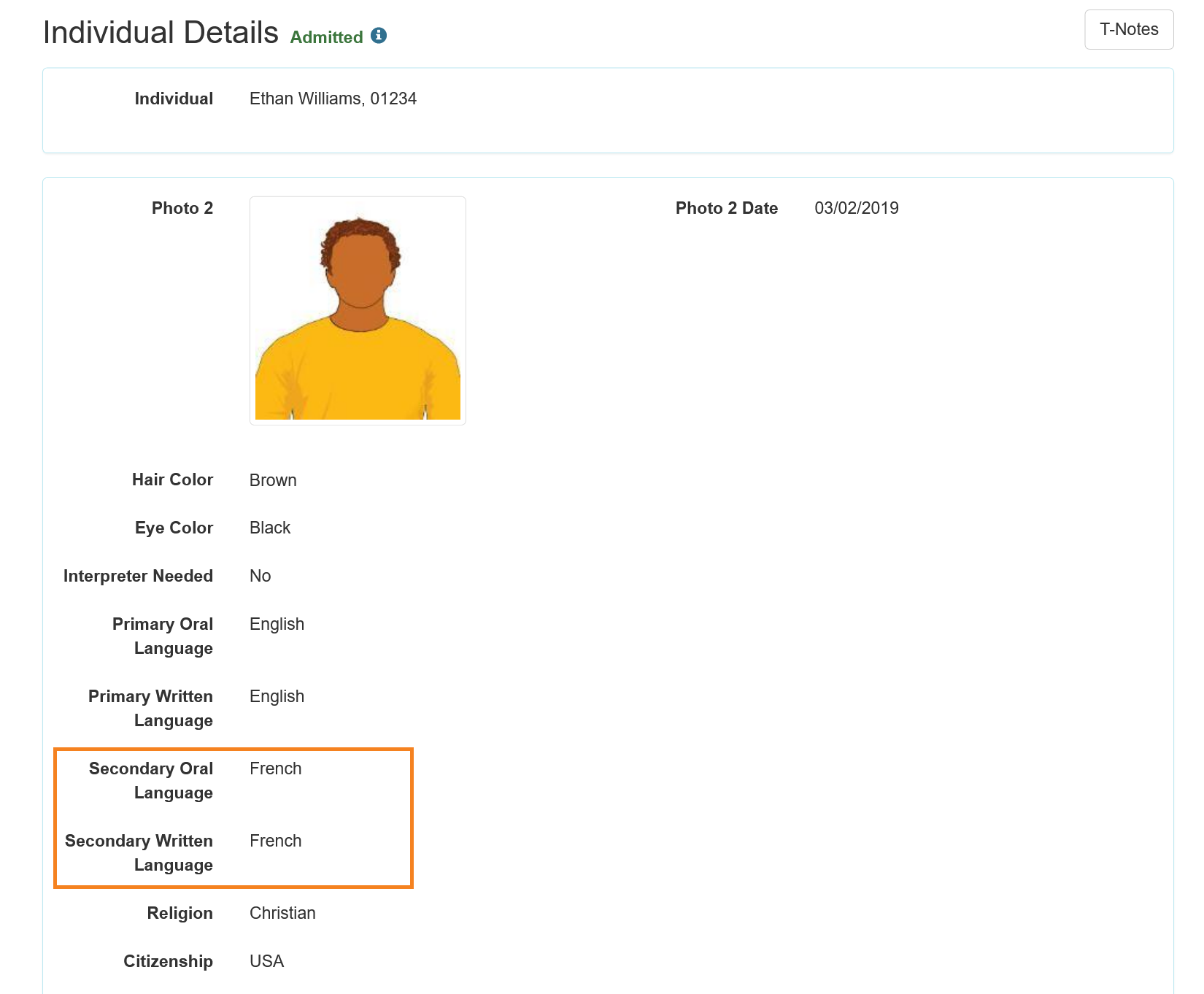 Screenshot of the Individual Details page highlighting the Secondary Oral Language and Secondary Written Language fields