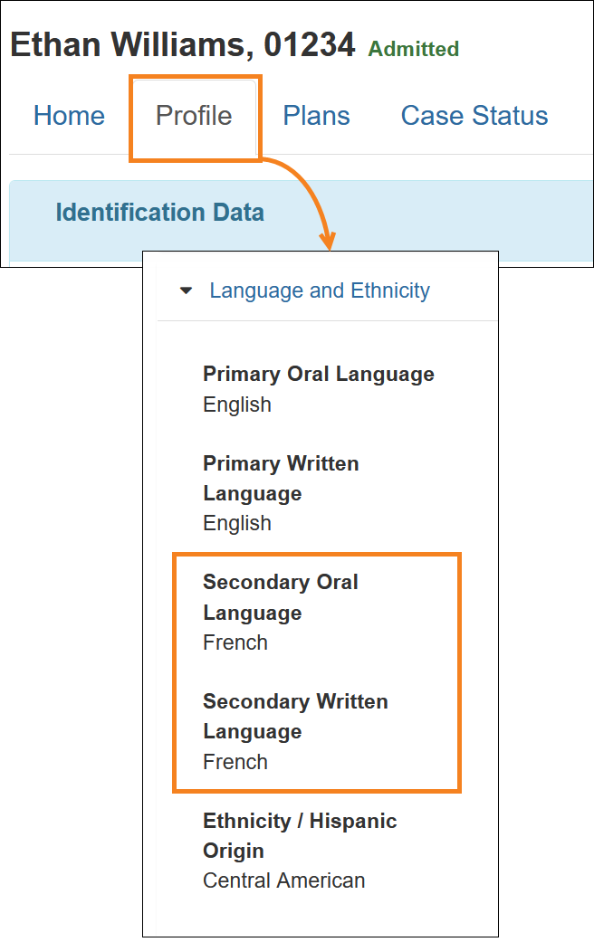 Screenshot of the Secondary Oral Language and Secondary Written Language fields in the Language and Ethnicity dropdown list