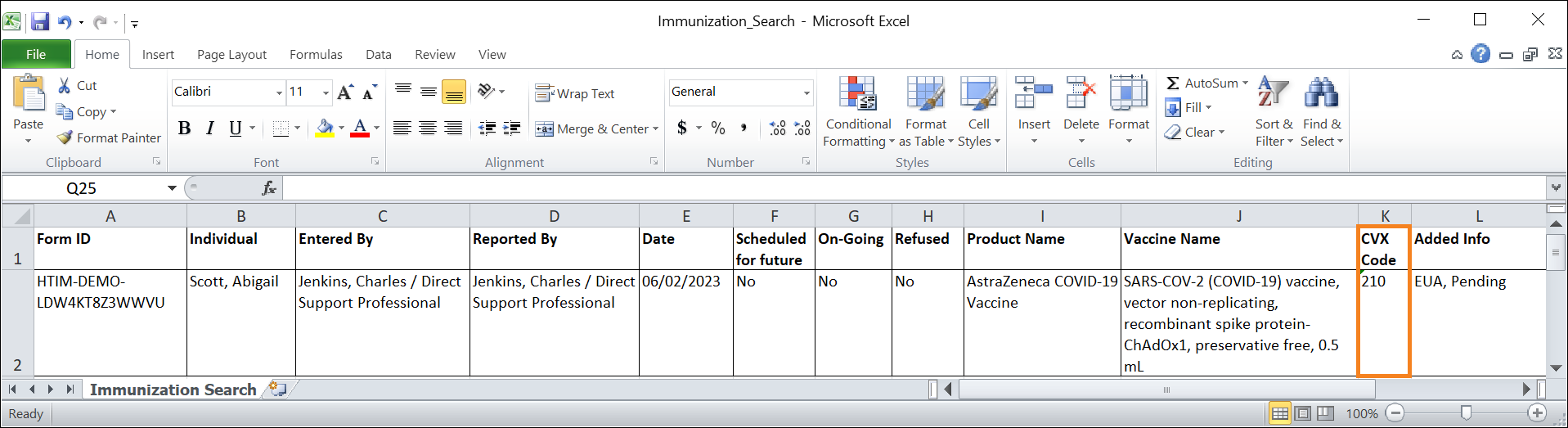 Screenshot showing the CVX Code field in Immunization Search Results Excel Export