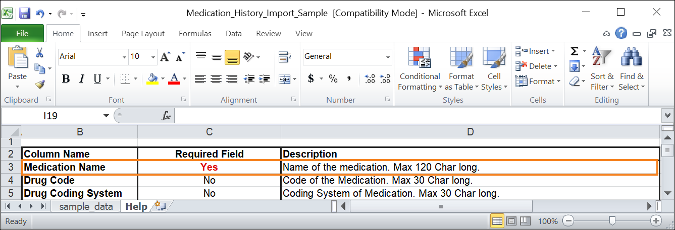 Screenshot showing the medication Name information in Import Excel file help sheet.
