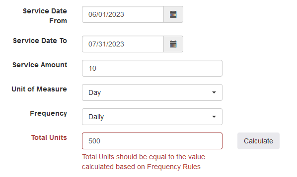 Screenshot of error message for calculating Total Units of Service Support of Individual Plan