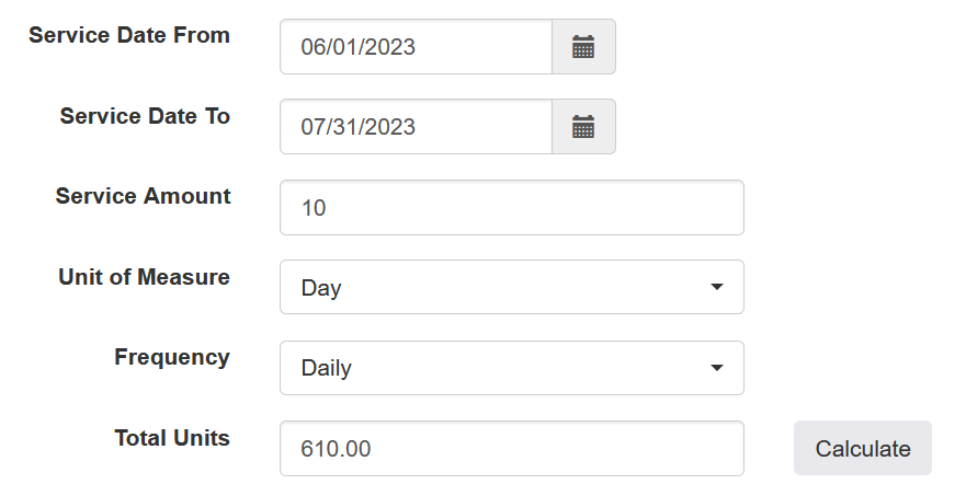 Screenshot of calculating Total Units of Service Support of Individual Plan