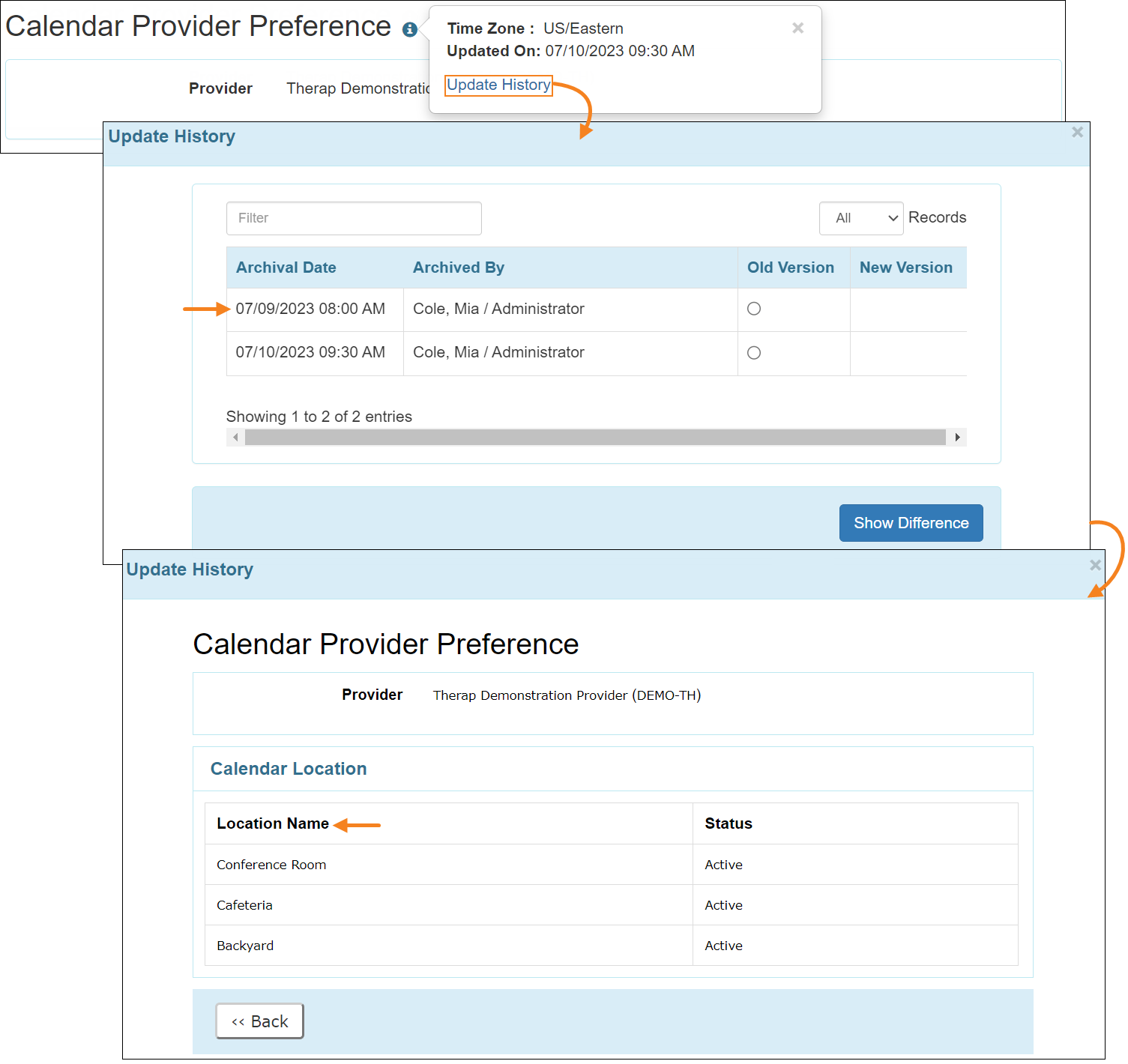 Screenshot of the Calendar Provider Preference Page on the Update History window