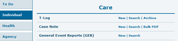 Screenshot of the Case Note option on the Individual tab