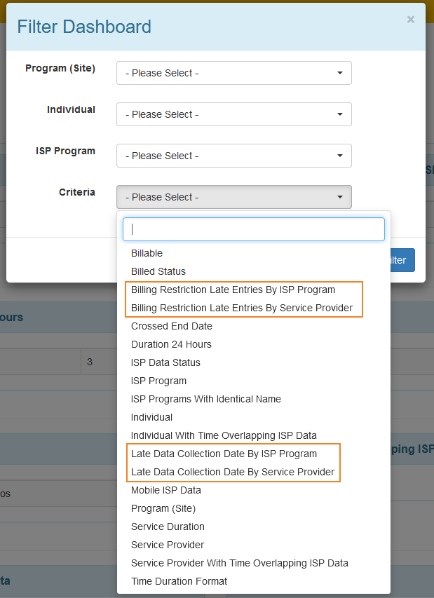Screenshot of the Filter Dashboard popup window of the ISP Data Dashboard