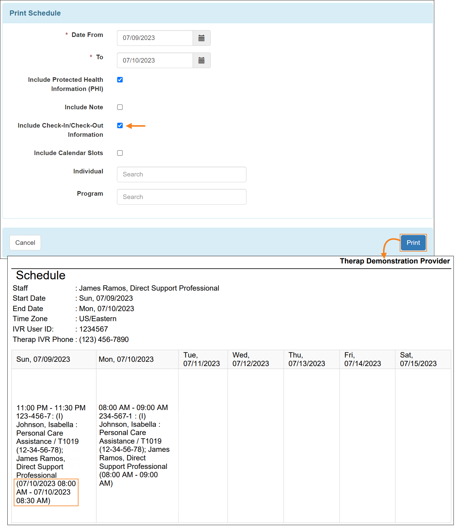 Screenshot of the PDF file highlighting the Check-In and Check-Out dates