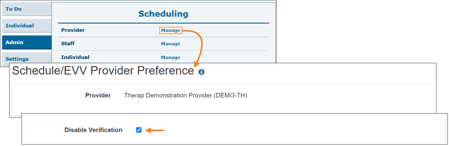 Screenshot of the Schedule/EVV Provider Preference page highlighting the Disable Verification field