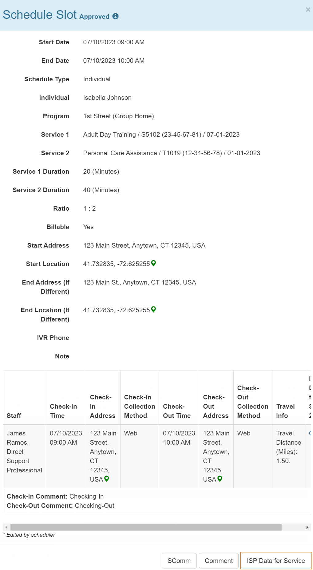 Screenshot of the Schedule Slot form highlighting the ISP Data for Service button