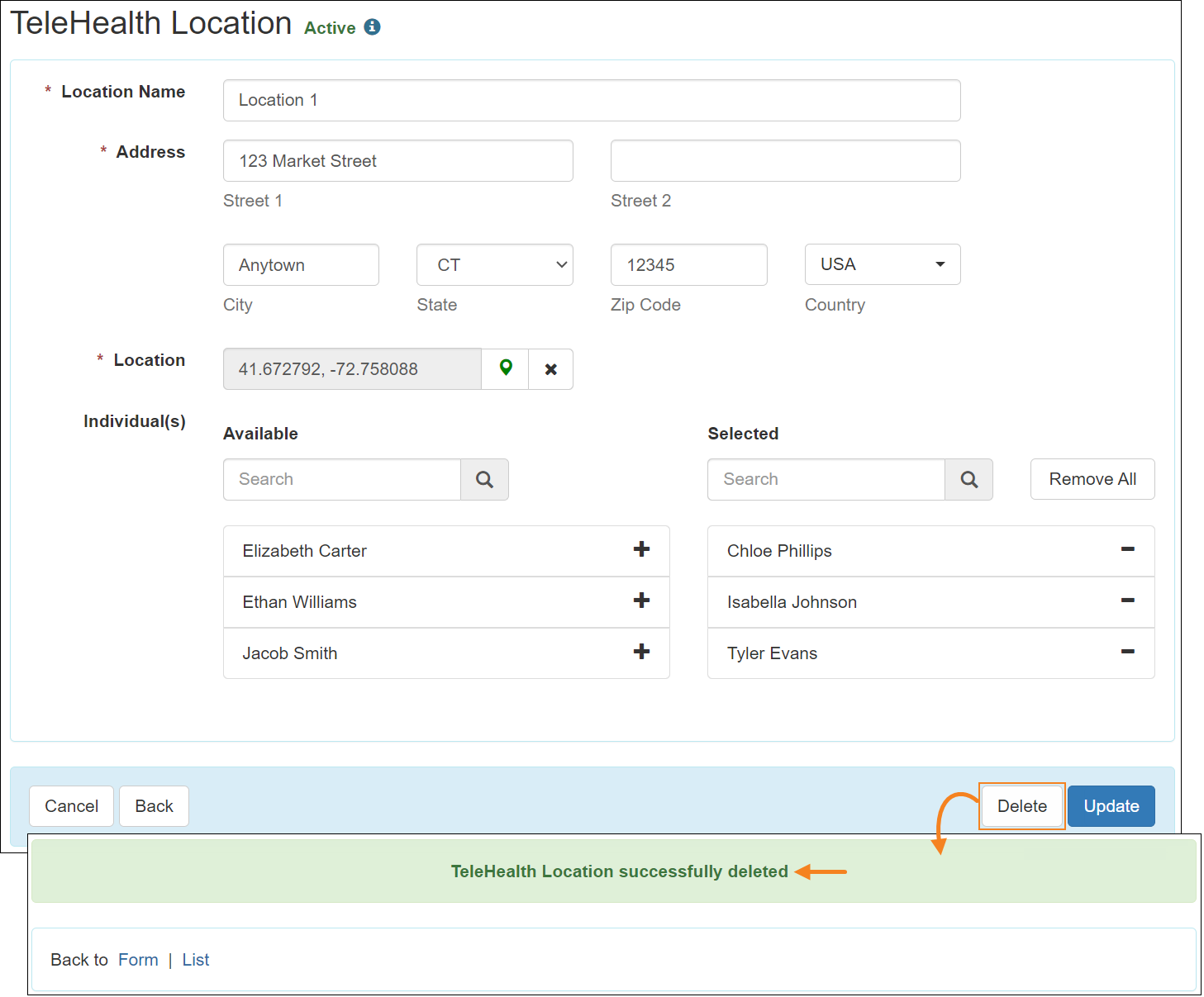 Screenshot of the success message that appears when a TeleHealth Location gets deleted
