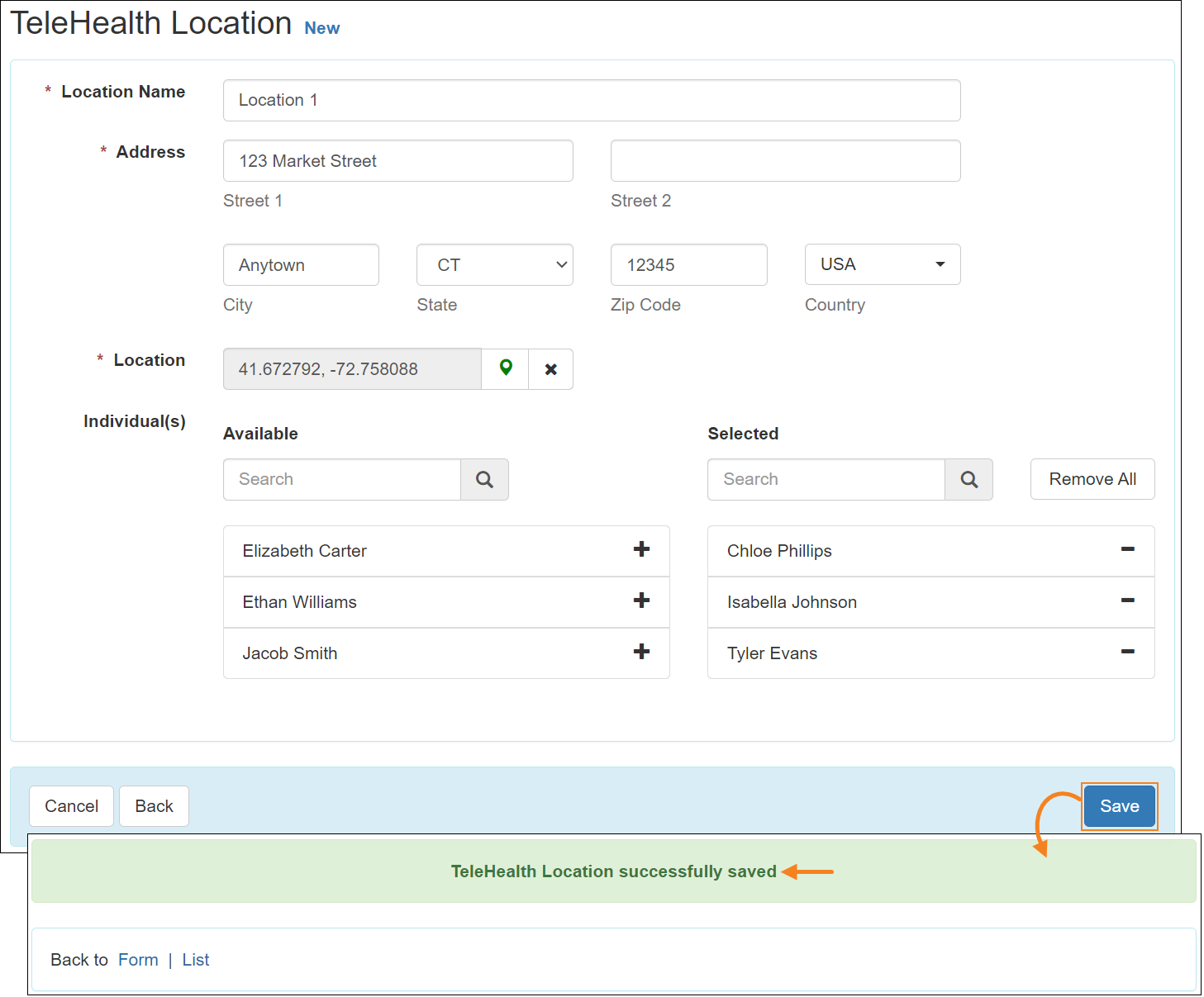 Screenshot of the success message that appears when a TeleHealth Location gets saved