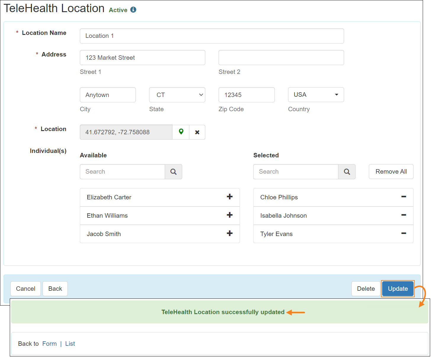 Screenshot of the success message that appears when a TeleHealth Location gets updated