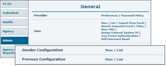 Screenshot of Gender Configuration and Pronoun Configuration options on Admin tab.