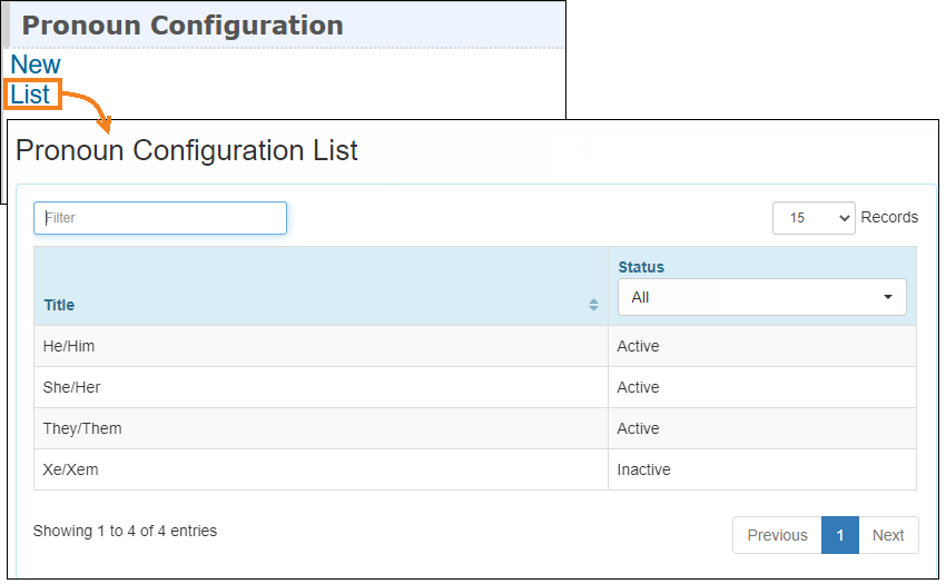 Screenshot of Pronoun Configuration List page.