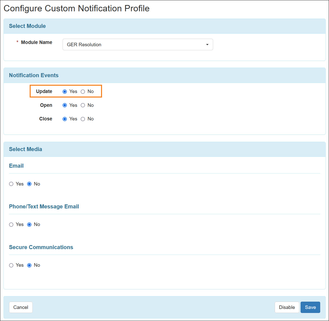 Screenshot showing the GERR Notification event options.