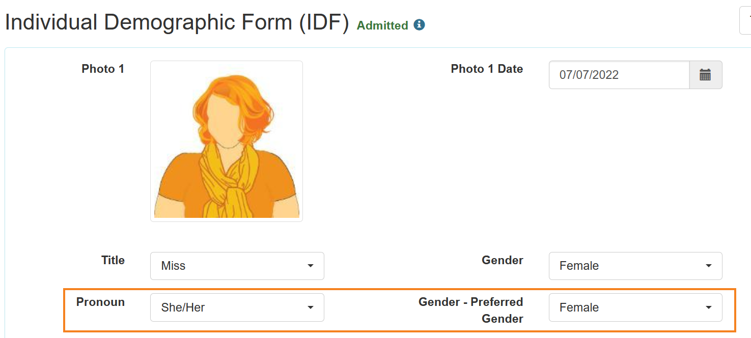 Screenshot of IDF Form with Pronoun and Gender (configured in IDF Provider Configuration) fields highlighted.