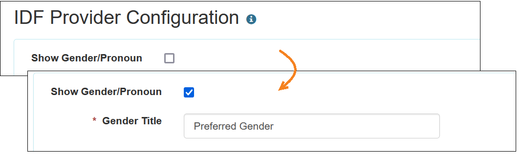 Screenshot of Show Gender/Pronoun checkbox in the IDF Provider Configuration page.