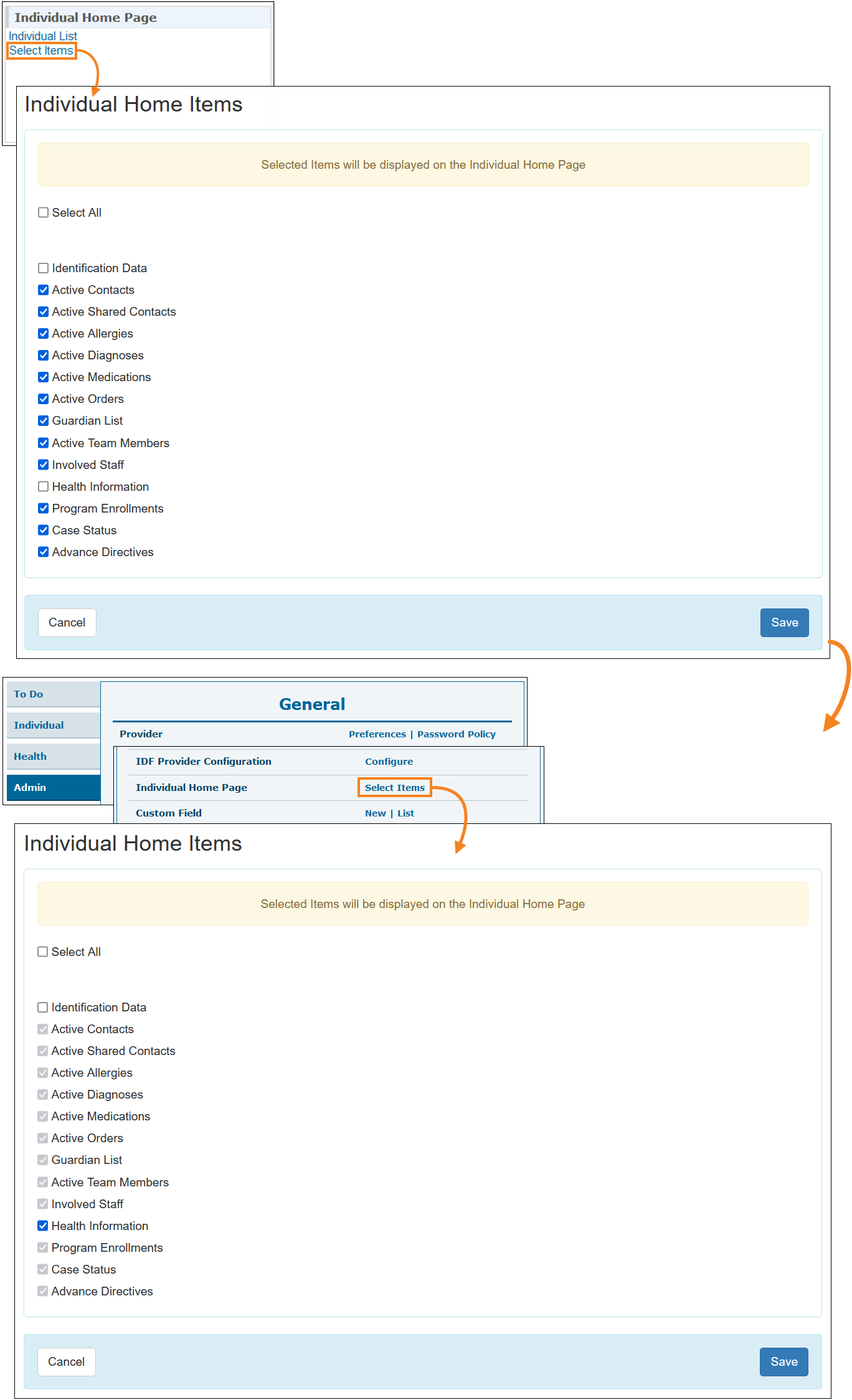 Screenshot showing the Individual Home Page Selected Items from Oversight Provider to Linked Provider.