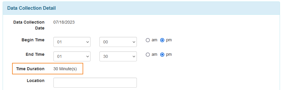 Screenshot of the Time Duration field on ISP Data Collection form