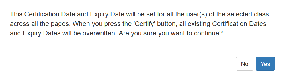 Screenshot of the message for copying Certification and Expiry Dates.