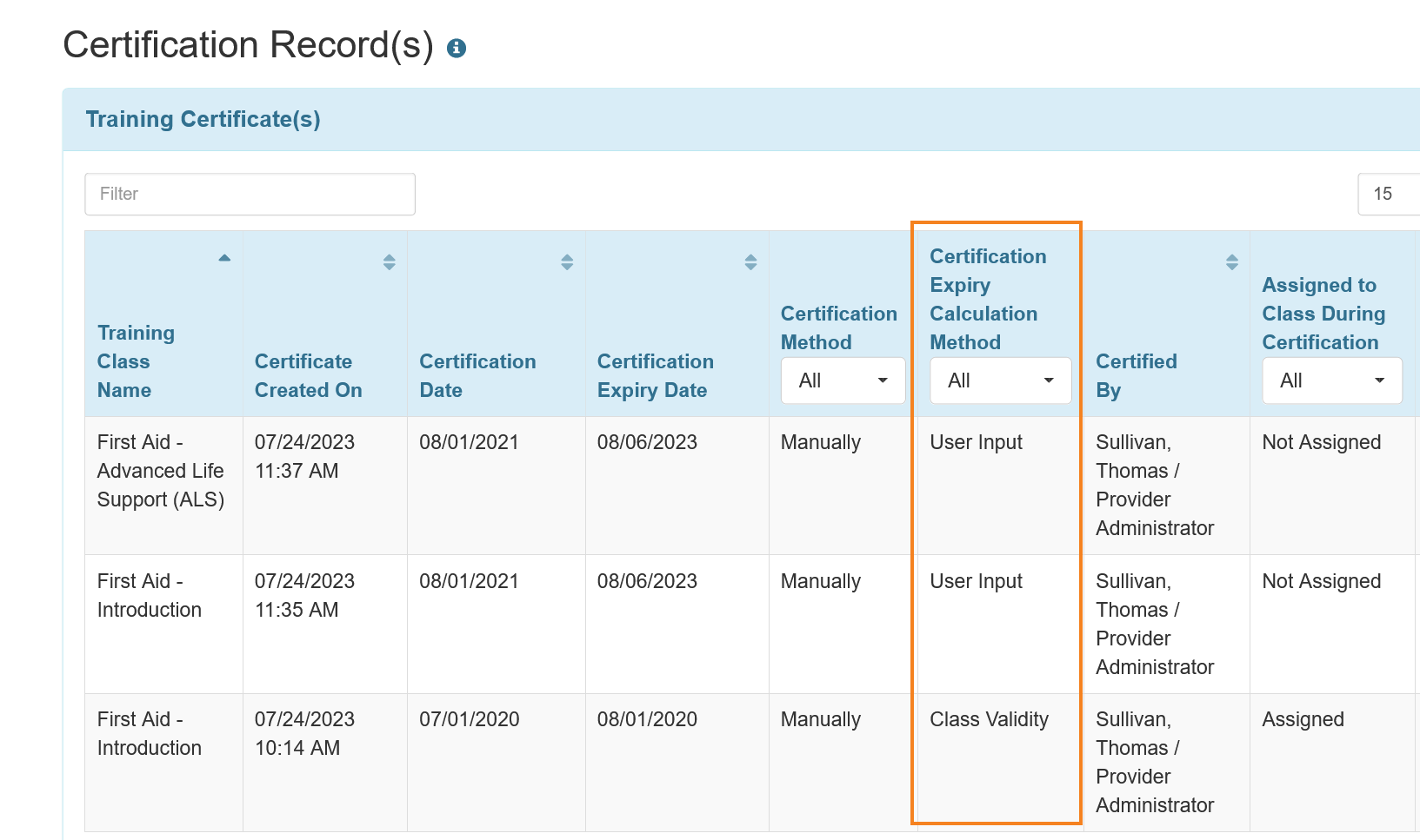 Screenshot of Certification Record(s) form.