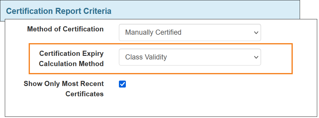 Screenshot of Certification Report Criteria search page.