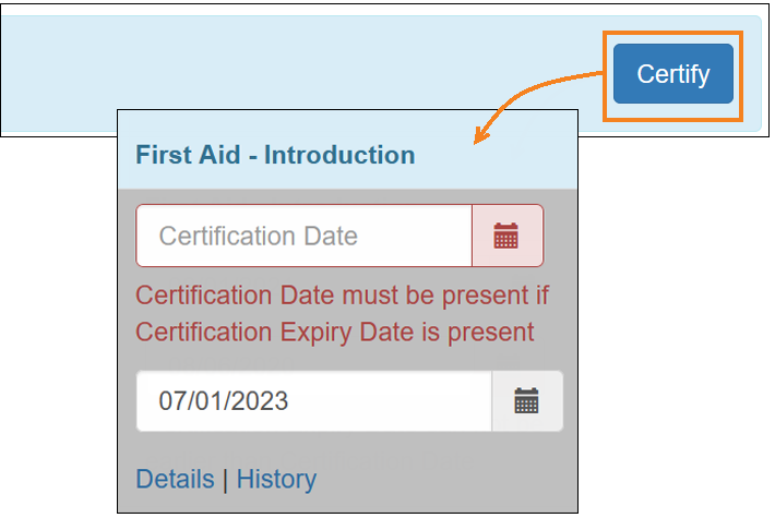 Screenshot of the error message displayed when Expiry Date is entered without Certification Date.
